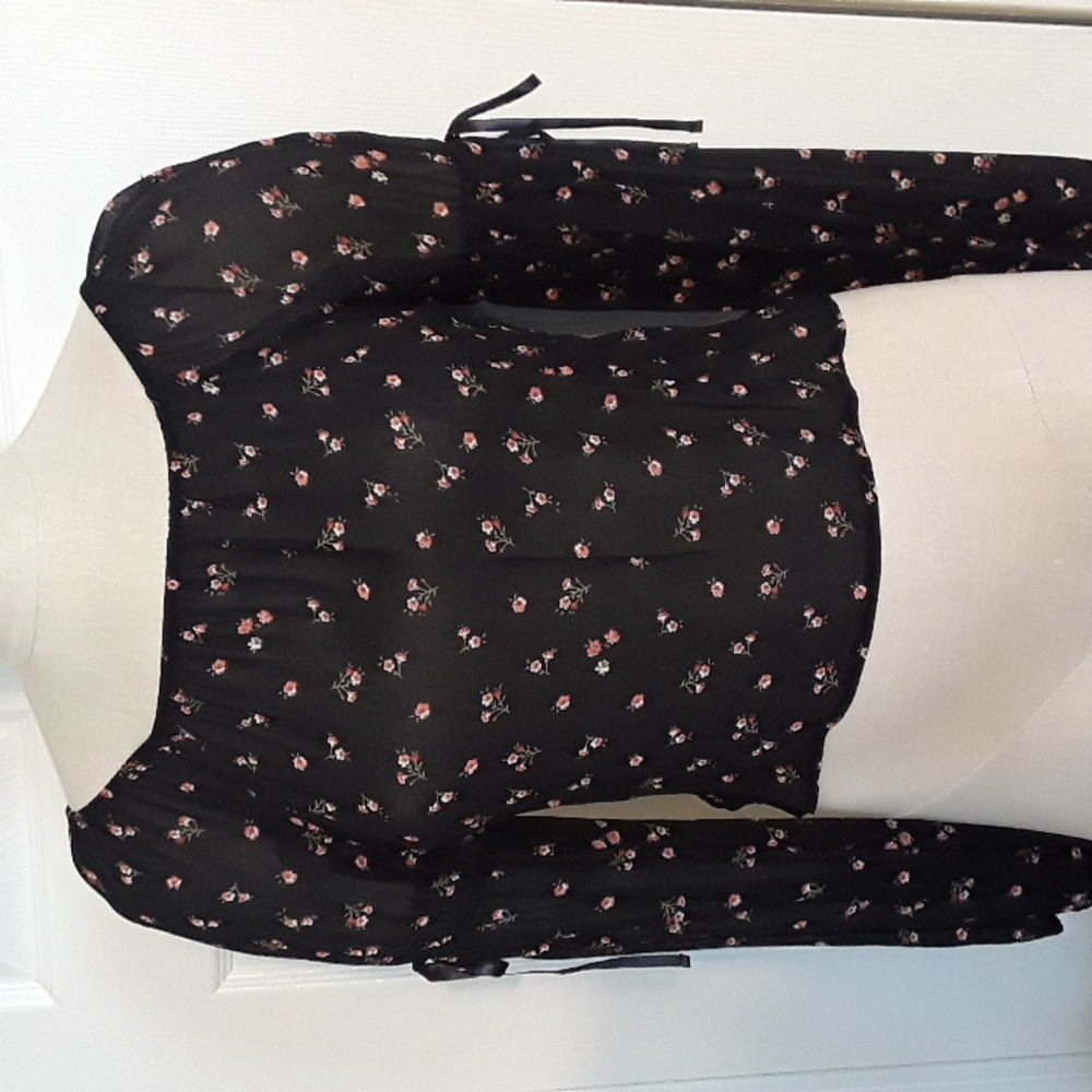 Vintage 90s / Y2K Sheer Floral Peasant Blouse Romantic Long Sleeves ties Dainty